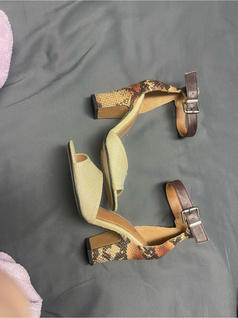 Nicole Two-Tone Snake-Print Block Heel Sandals in Beige and Brown